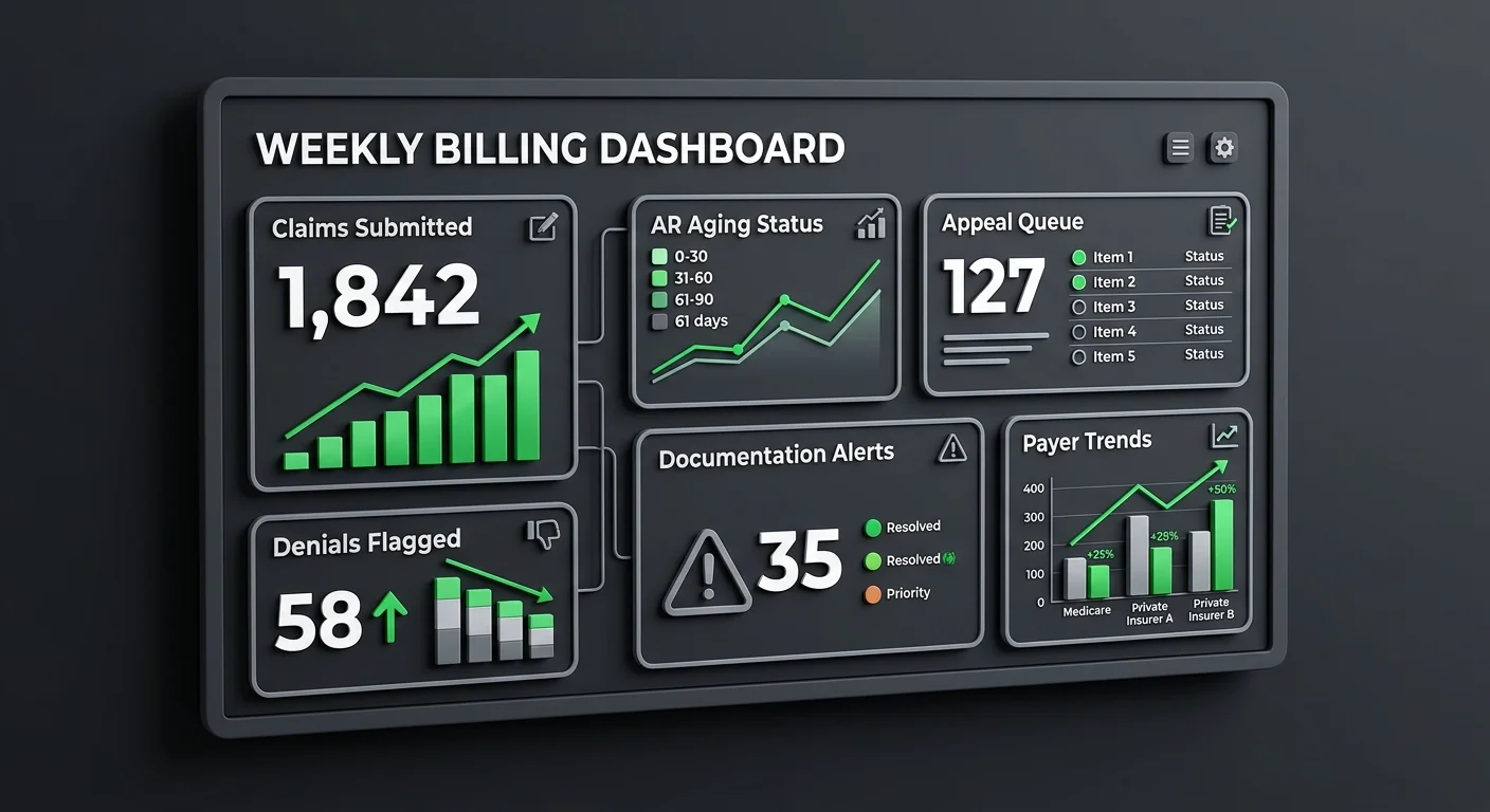 weekly chiropractic billing update dashboard showing key revenue cycle metrics
