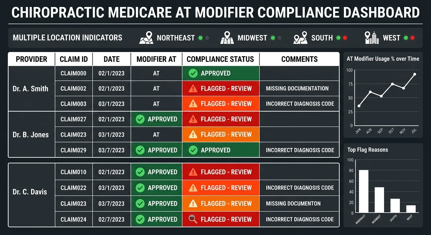 chiropractic AT modifier compliance dashboard tracking Medicare claims across multiple clinic locations