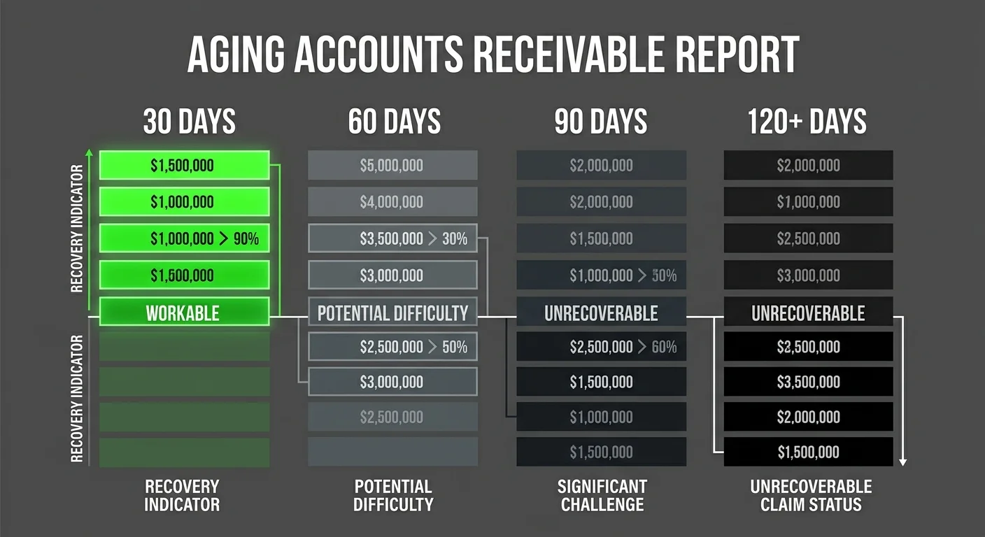 chiropractic accounts receivable aging showing recovery decline by time bucket