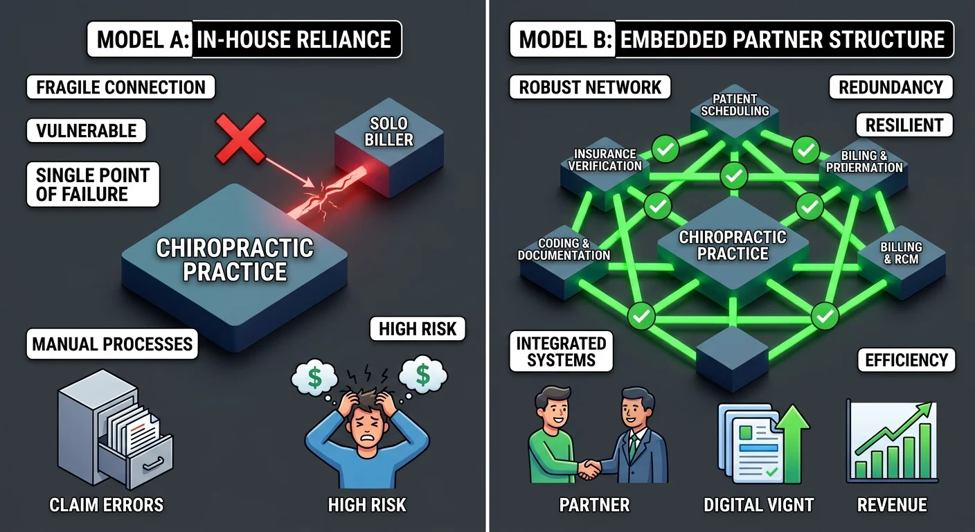chiropractic billing continuity embedded partner model vs in-house single point of failure