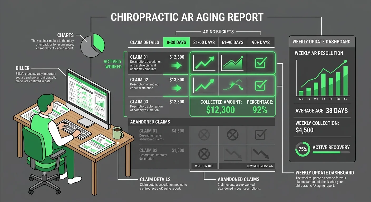 dedicated chiropractic biller working AR recovery with weekly billing communication dashboard