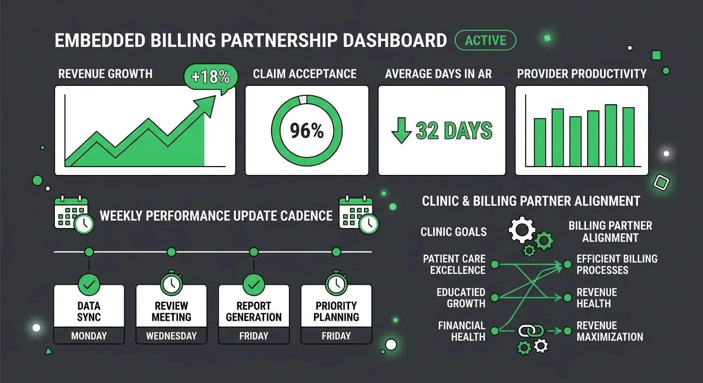 embedded chiropractic RCM model structure showing billing performance alignment and weekly reporting