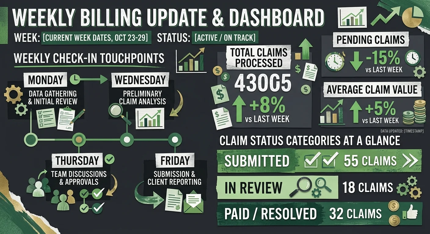 weekly billing communication loop showing dedicated biller denial tracking and AR status updates
