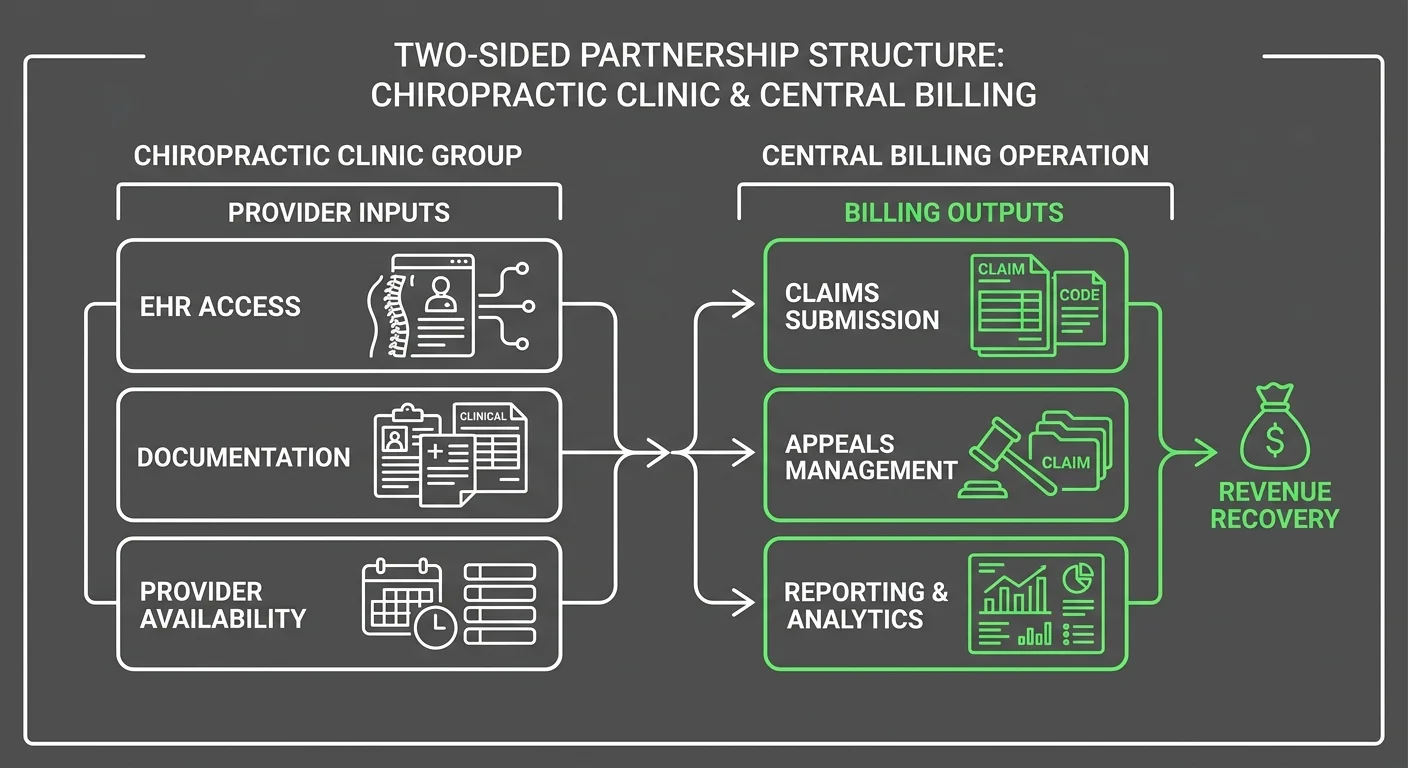chiropractic billing partnership model showing required practice inputs for centralized RCM