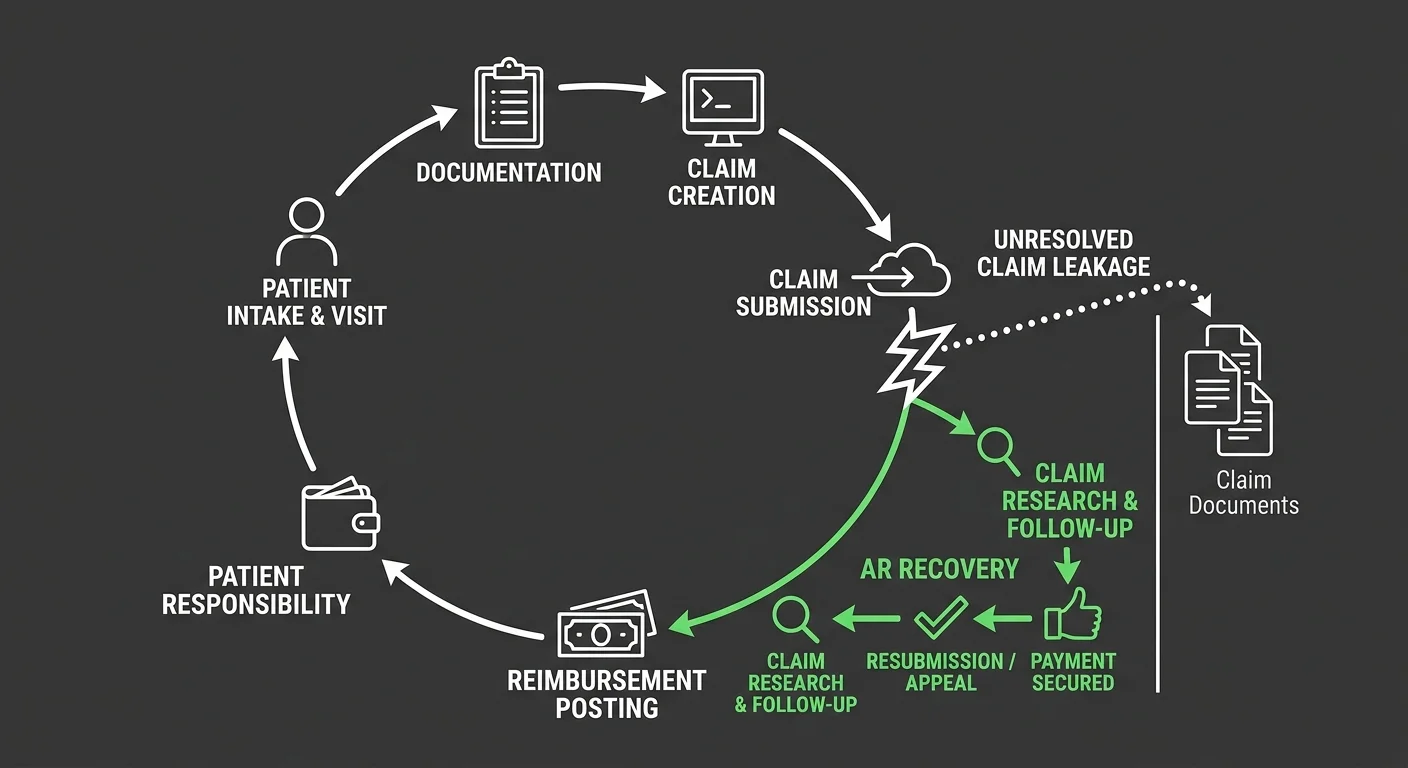 chiropractic billing cycle revenue leakage diagram showing where denied claims exit the revenue loop