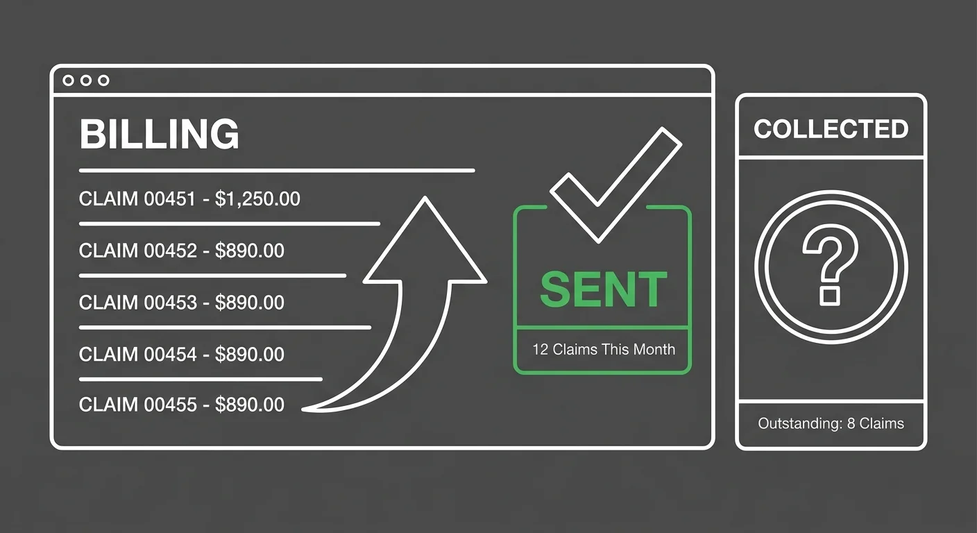 chiropractic billing software dashboard showing claims sent versus revenue actually collected