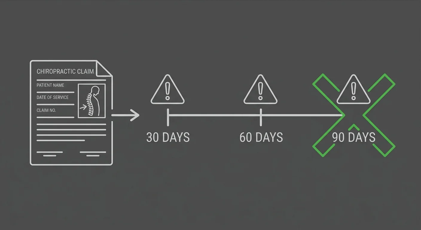 chiropractic denied claim aging timeline showing 30 60 90 day denial escalation