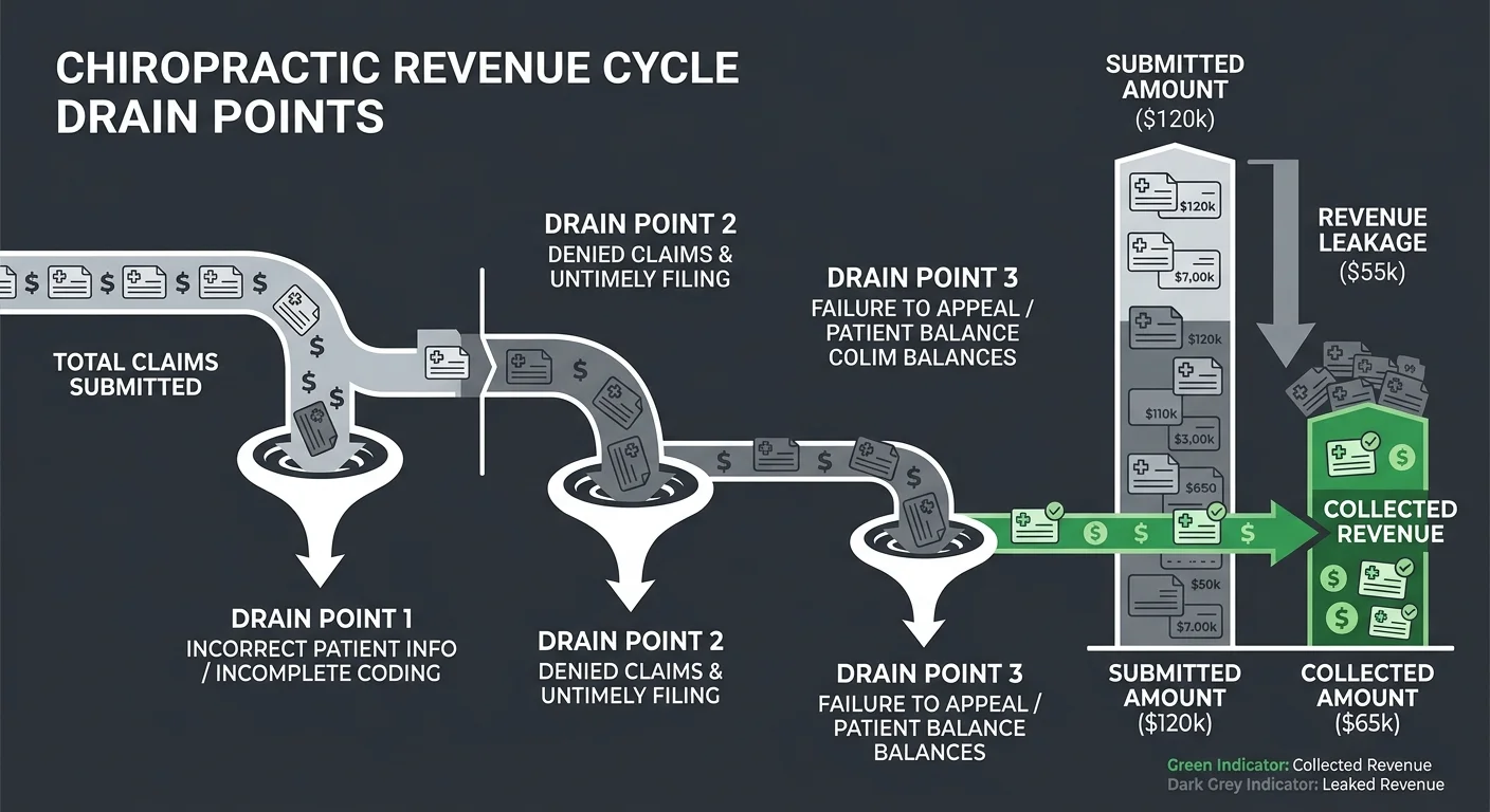 chiropractic revenue leakage diagram showing where uncollected claims exit the billing cycle