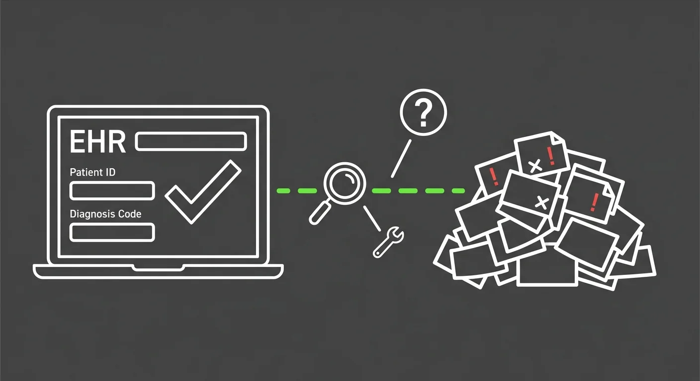EHR software claim submission gap showing unresolved chiropractic denials