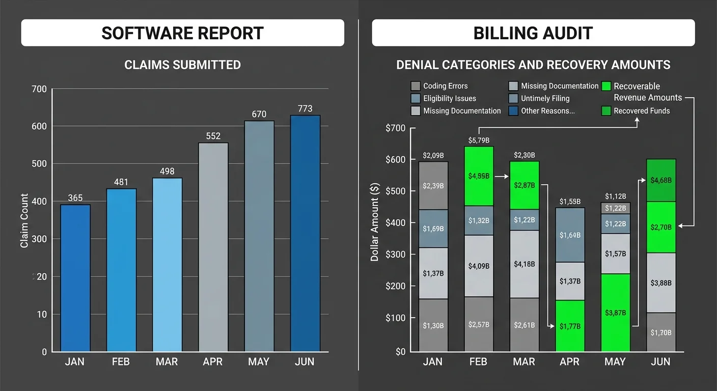 comparison of software billing report versus professional billing audit findings and revenue recovery