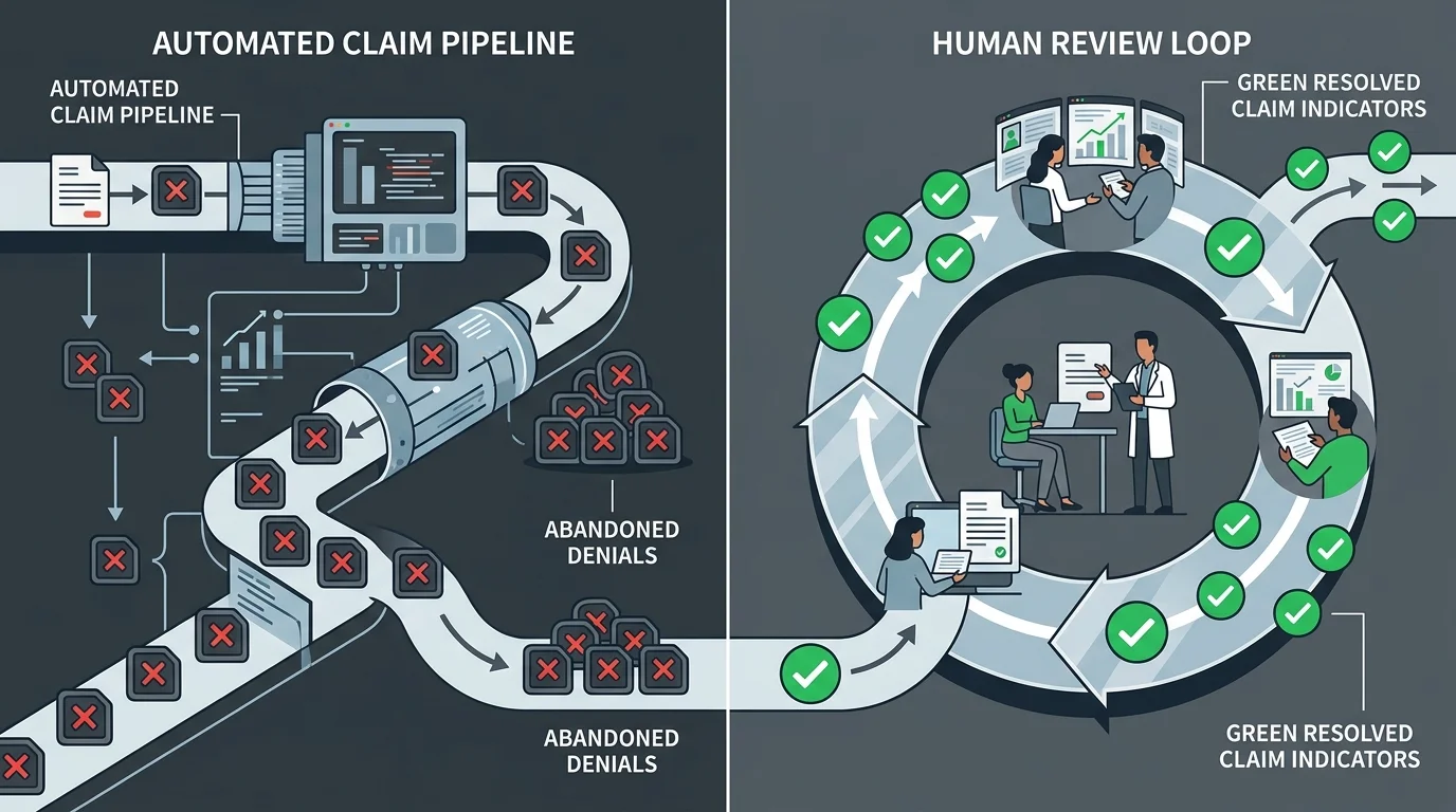 volume-first billing model versus human expert billing showing chiropractic denial abandonment rates