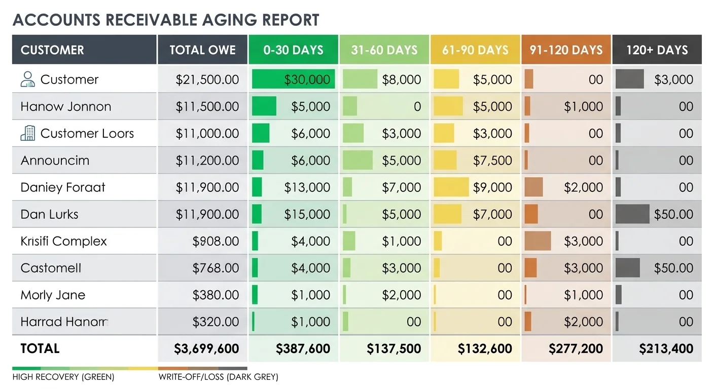 chiropractic accounts receivable aging buckets showing declining recovery probability over time
