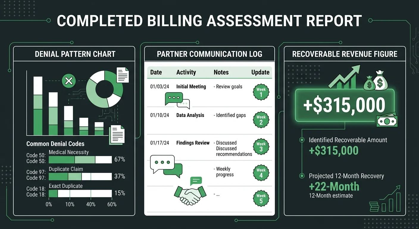 chiropractic revenue leakage assessment results showing billing partner performance and recoverable denied claims